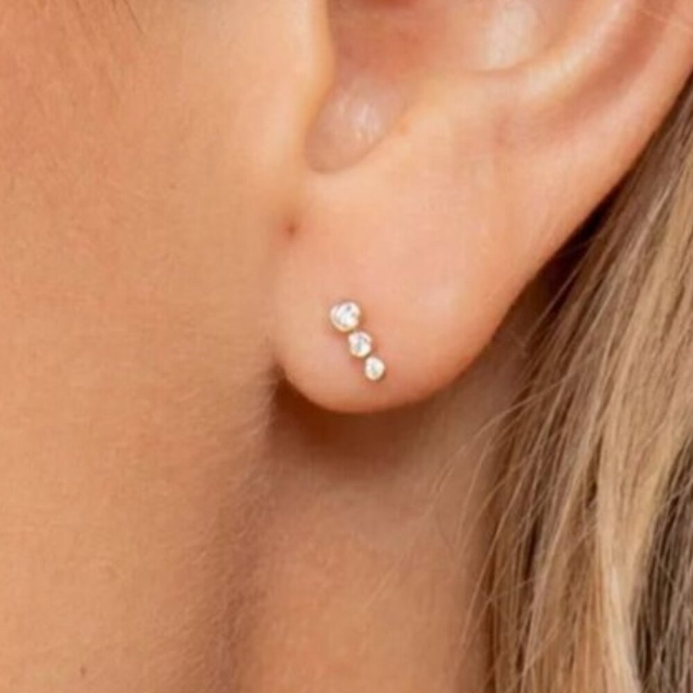 CUTE Climber Stud Earrings Cubic Zirconia Bezel 14K Gold Plated Hypoallergenic